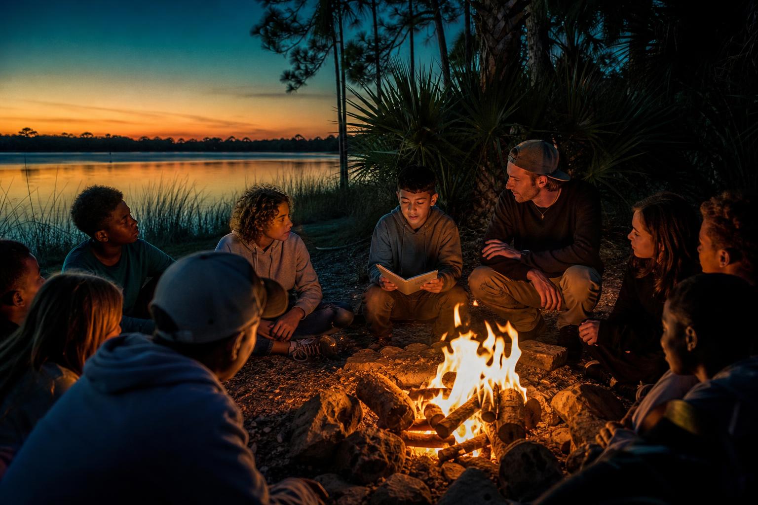 Scouts around a campfire at a Florida lake at dusk